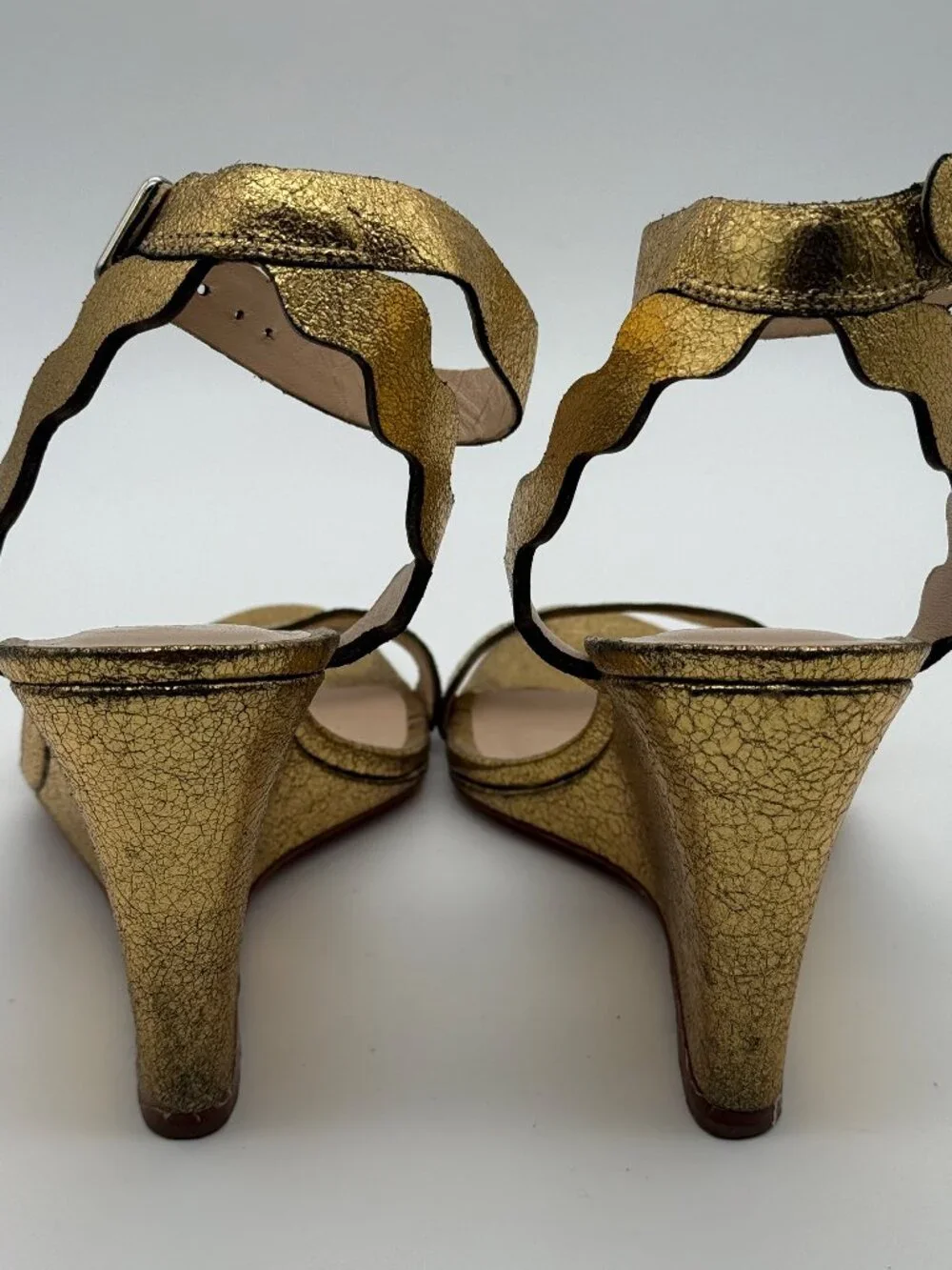 Loeffler Randall Piper Gold Metallic Scalloped Leather Wedge Sandals Size 8